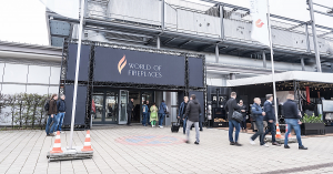 The foto shows the entrance to the World of Fireplace fair 2023